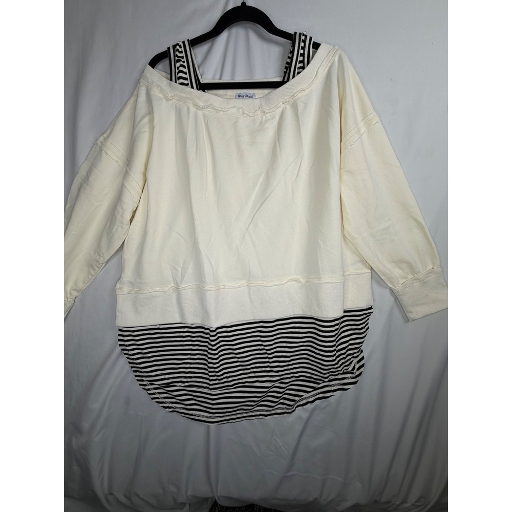 White Birch Sweatshirt XL Cream Striped Layered Cold Shoulder Raw Hem
